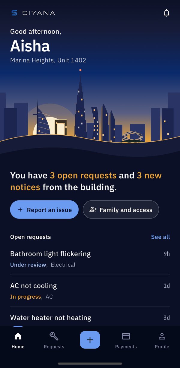 Siyana resident app home: open requests and building notices for Marina Heights, Unit 1402