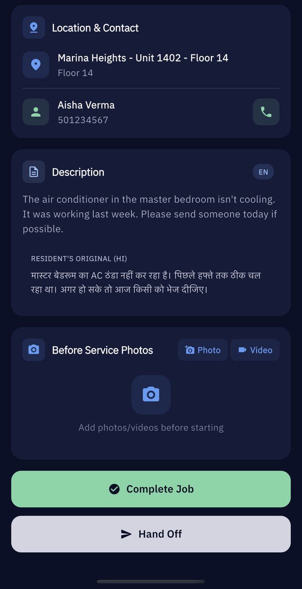 The same request read in English, with the resident's original Hindi beneath