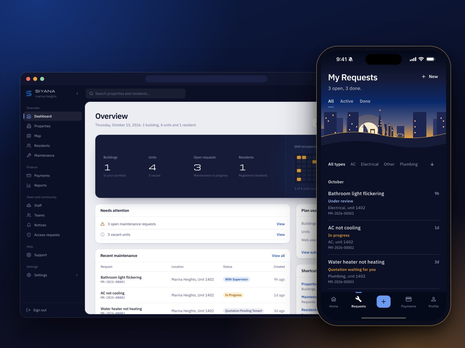 The Siyana web portal dashboard next to the resident app's list of maintenance requests